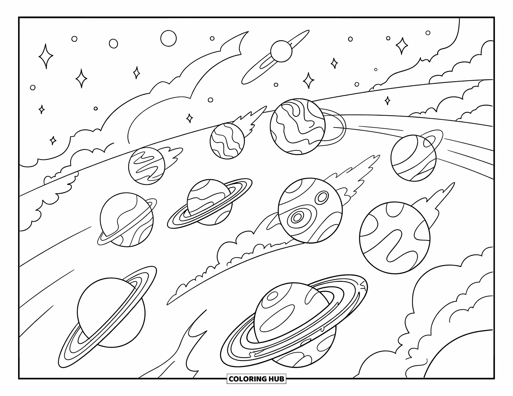 Coloriage de planète pour enfants : Neuf planètes uniques zooment sur des lignes d’orbite, soulevant de la poussière dans une galaxie étoilée