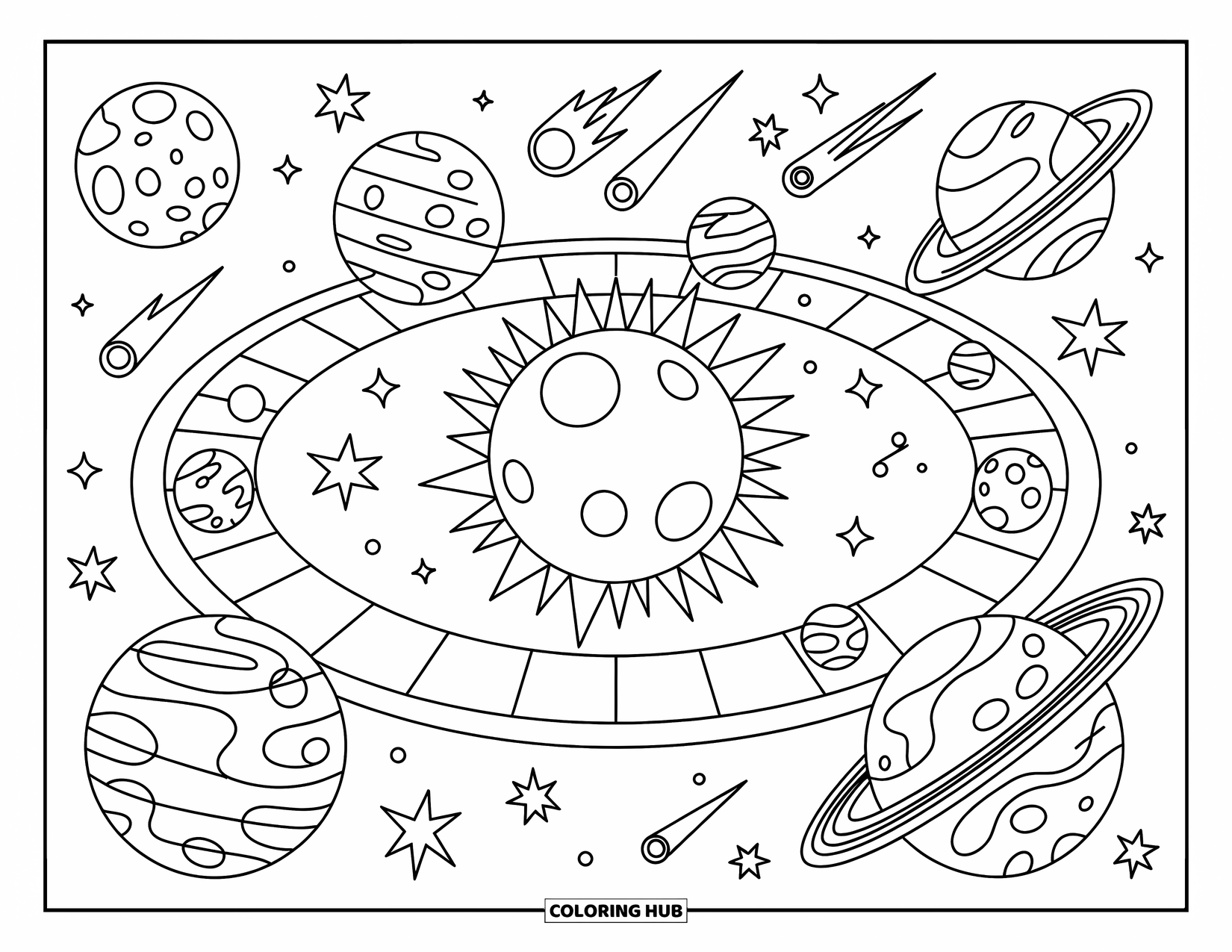 Coloriage de planète pour enfants : Des planètes tournent autour d’un soleil dans une amusante disposition de jeu de société remplie d’étoiles et de comètes