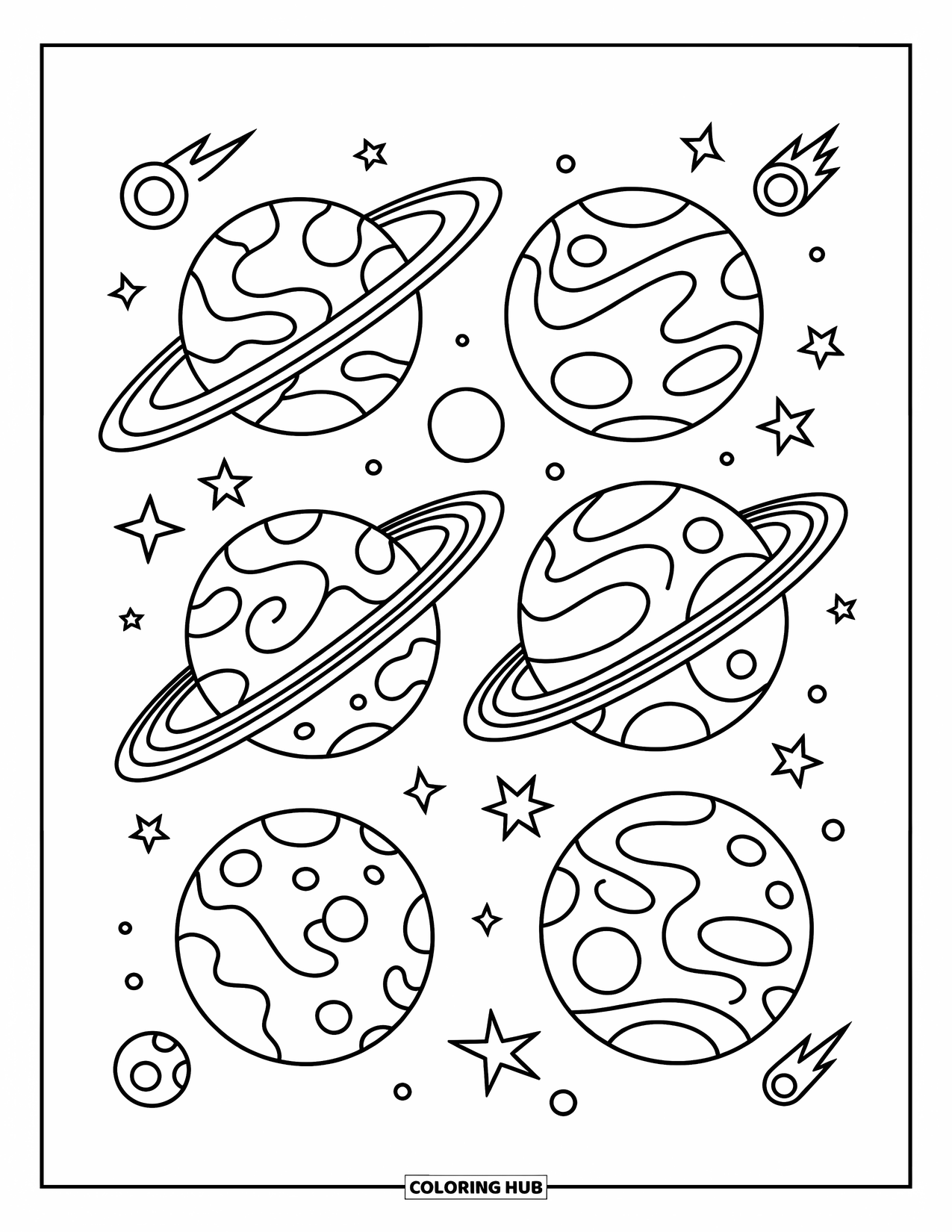 Coloriage de planète pour enfants : Des planètes, des lunes et des satellites orbitent dans une disposition ludique remplie d’étoiles et de comètes