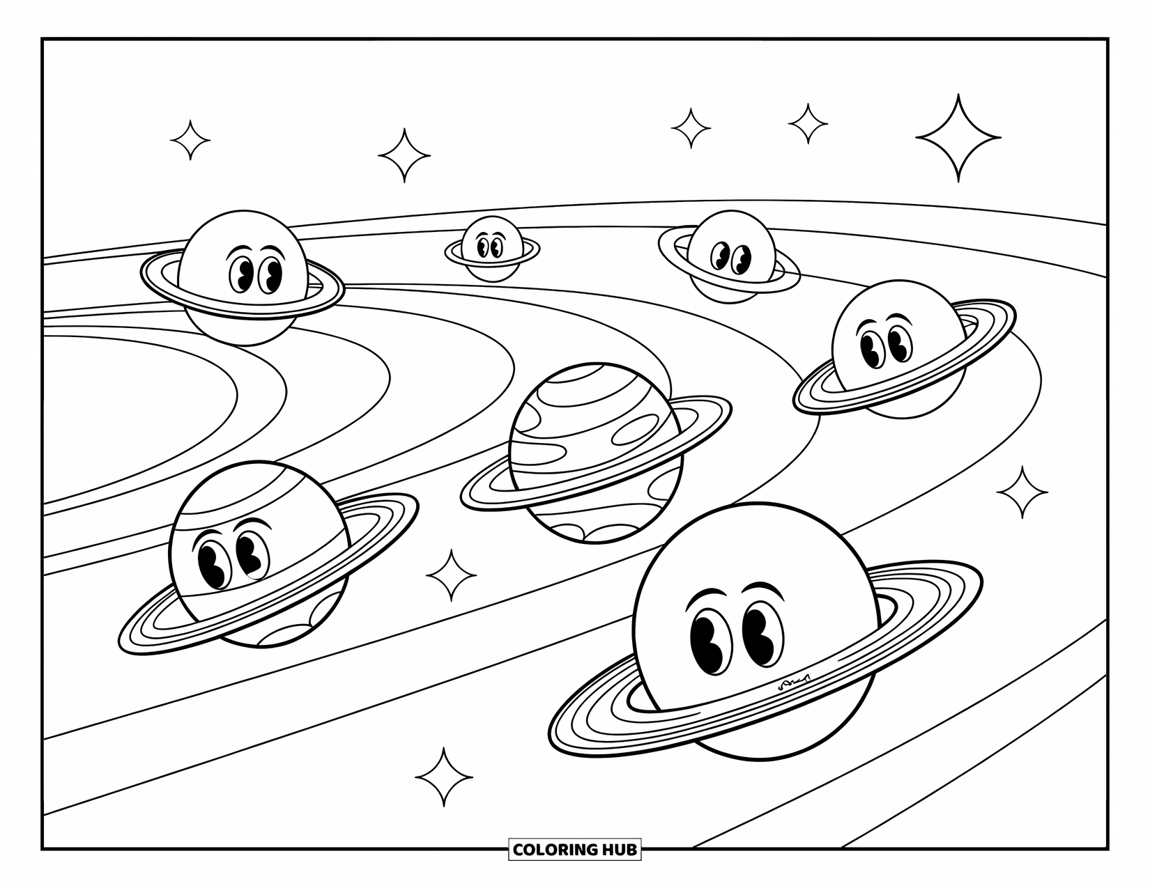 Coloriage de planète pour enfants : Des planètes courent le long des lignes d’orbite avec des casques et des sourires sous un ciel étoilé