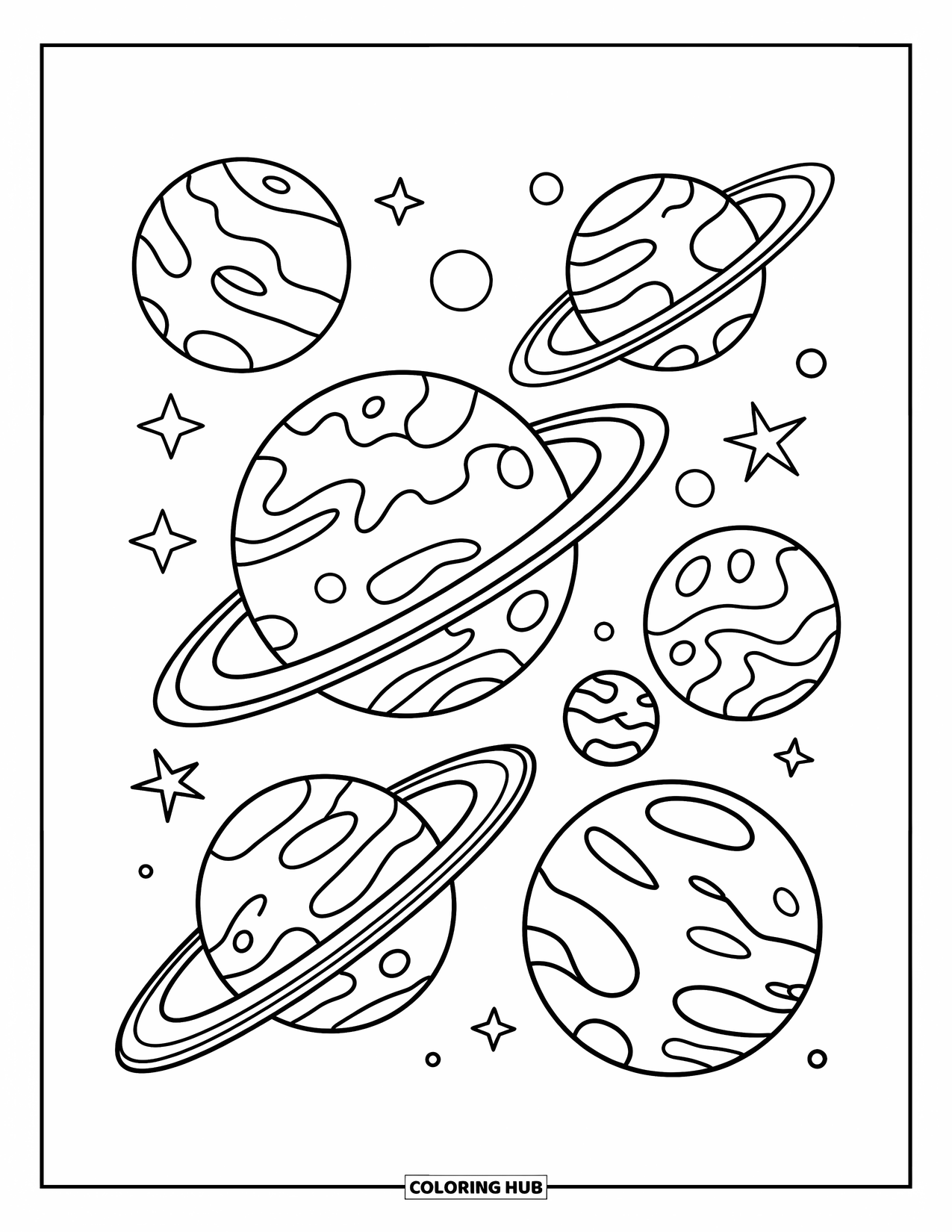 Coloriage de planète pour enfants : Des planètes avec des tourbillons, des anneaux et des satellites dérivent dans l’espace avec des contours audacieux et un espacement clair