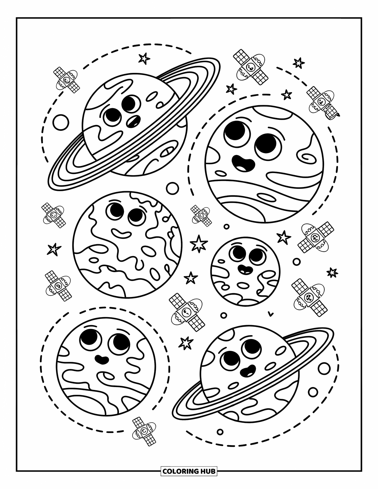 Coloriage de planète pour enfants : Des planètes ludiques avec des visages orbitent sur des chemins pointillés, suivies de minuscules satellites joyeux