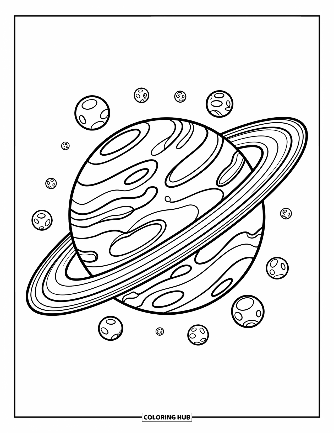 Coloriage de planète pour enfants : Des anneaux tourbillonnent autour d’Uranus tandis que de minuscules lunes flottent à proximité avec de petits visages joyeux