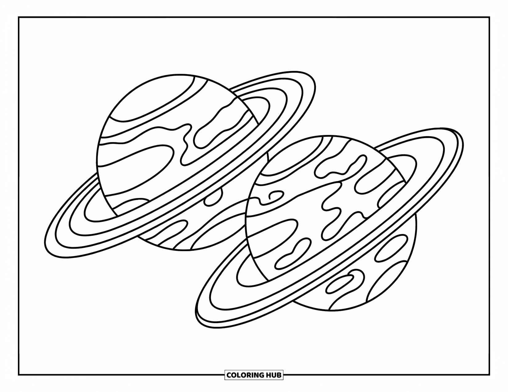 Coloriage de planète pour enfants : Saturne et Uranus dérivent côte à côte, leurs larges anneaux tourbillonnant avec charme