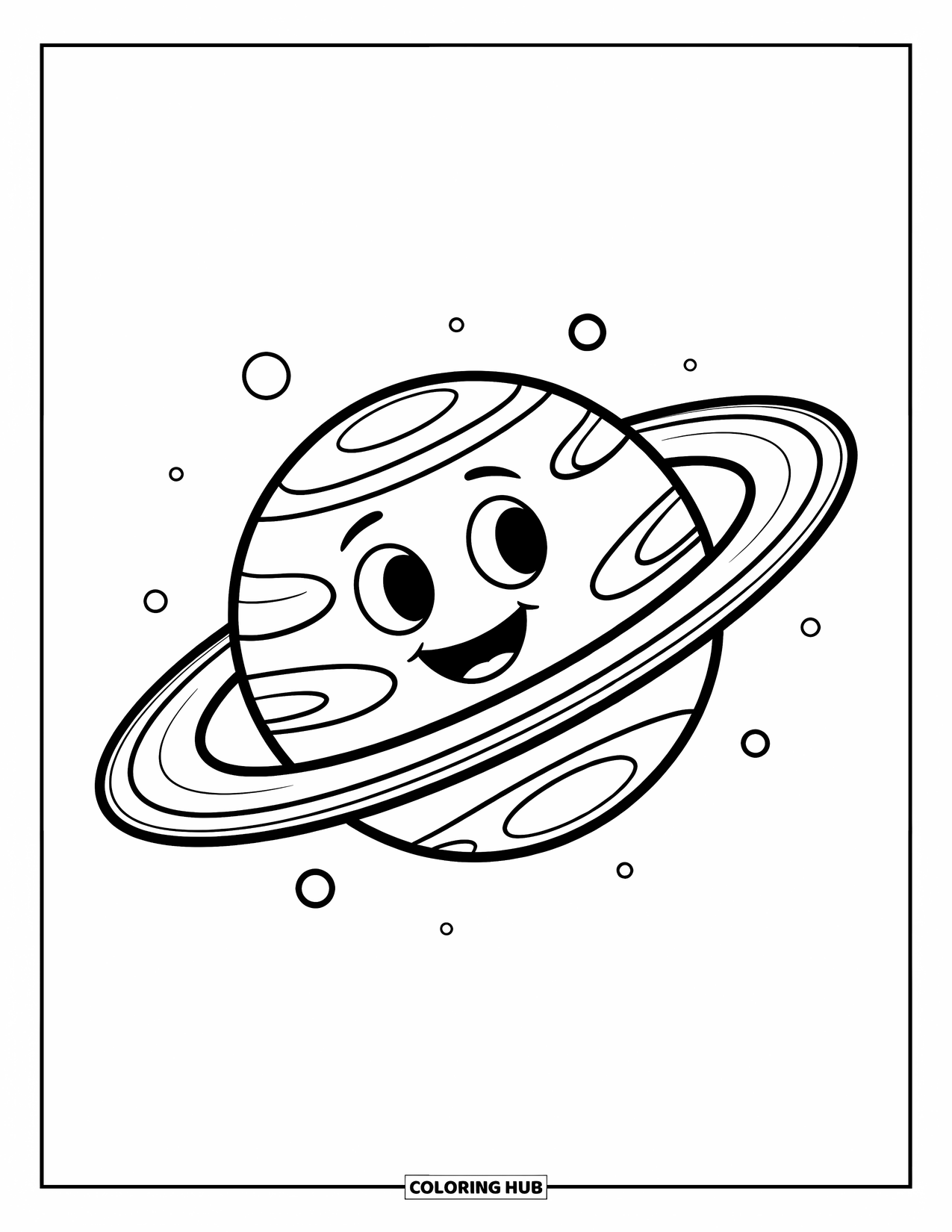 Coloriage de planète pour enfants : Saturne rayonne avec un large sourire, des anneaux tournant avec de minuscules orbites pointillées tout autour
