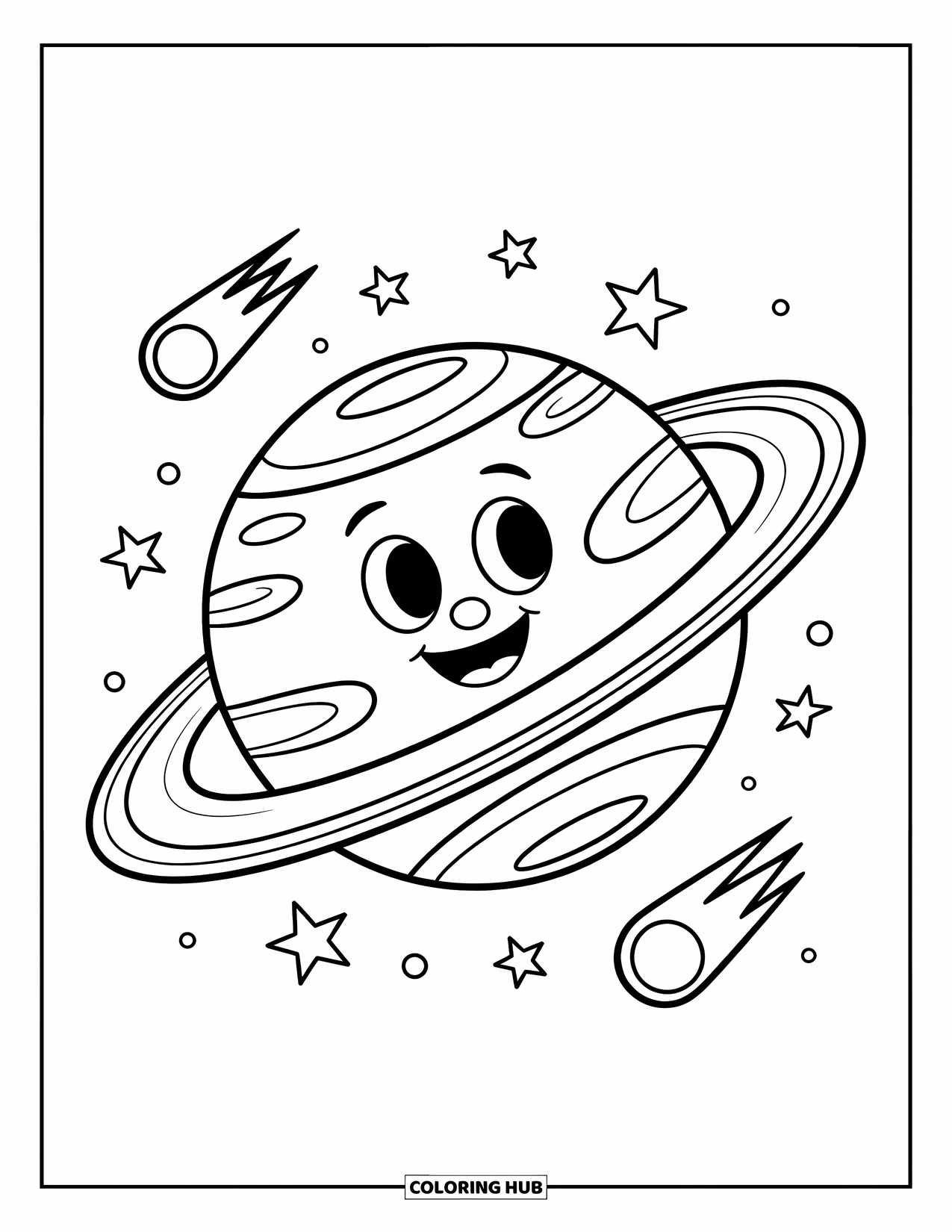 Coloriage de planète pour enfants : Saturne sourit sous ses larges anneaux, entourée de points, d’étoiles et d’un tourbillon de plaisir