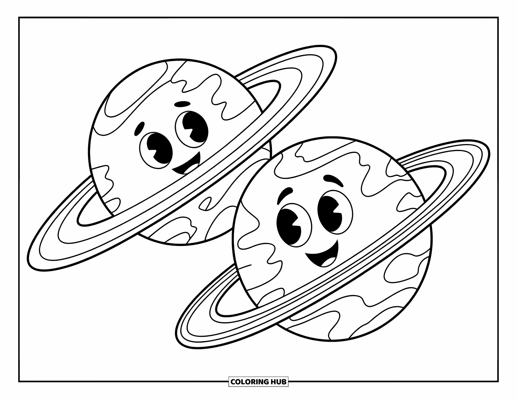 Coloriage de planète pour enfants : Saturne sourit largement tandis qu’Uranus flotte calmement, tous deux entourés d’étoiles et d’un doux mouvement