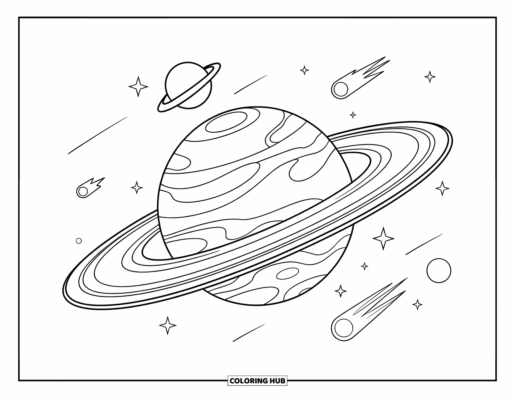 Coloriage de planète pour enfants : Saturne brille avec des lunes étiquetées en orbite autour de ses anneaux et de minuscules comètes à proximité