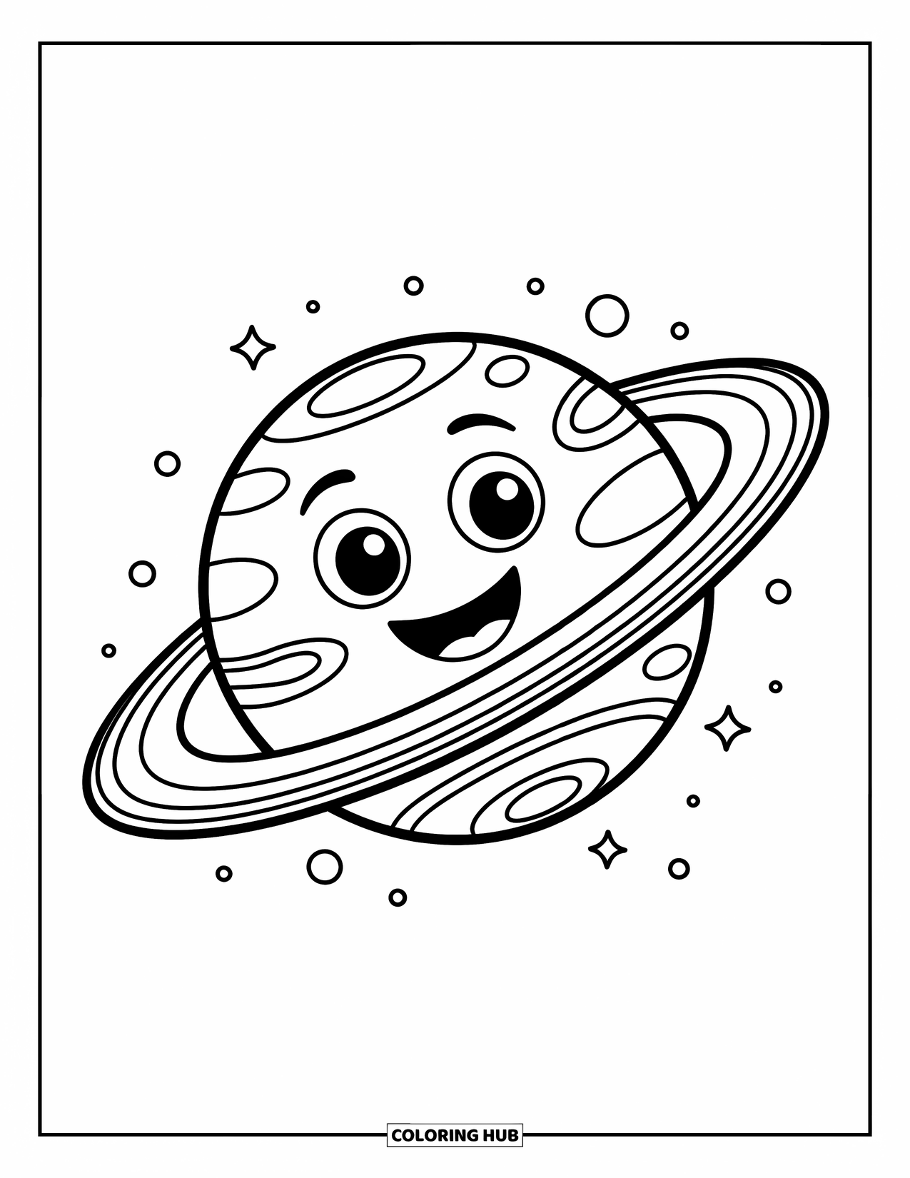 Coloriage de planète pour enfants : Saturne sourit brillamment tandis que des orbites pointillées scintillent le long de ses anneaux tournants incurvés
