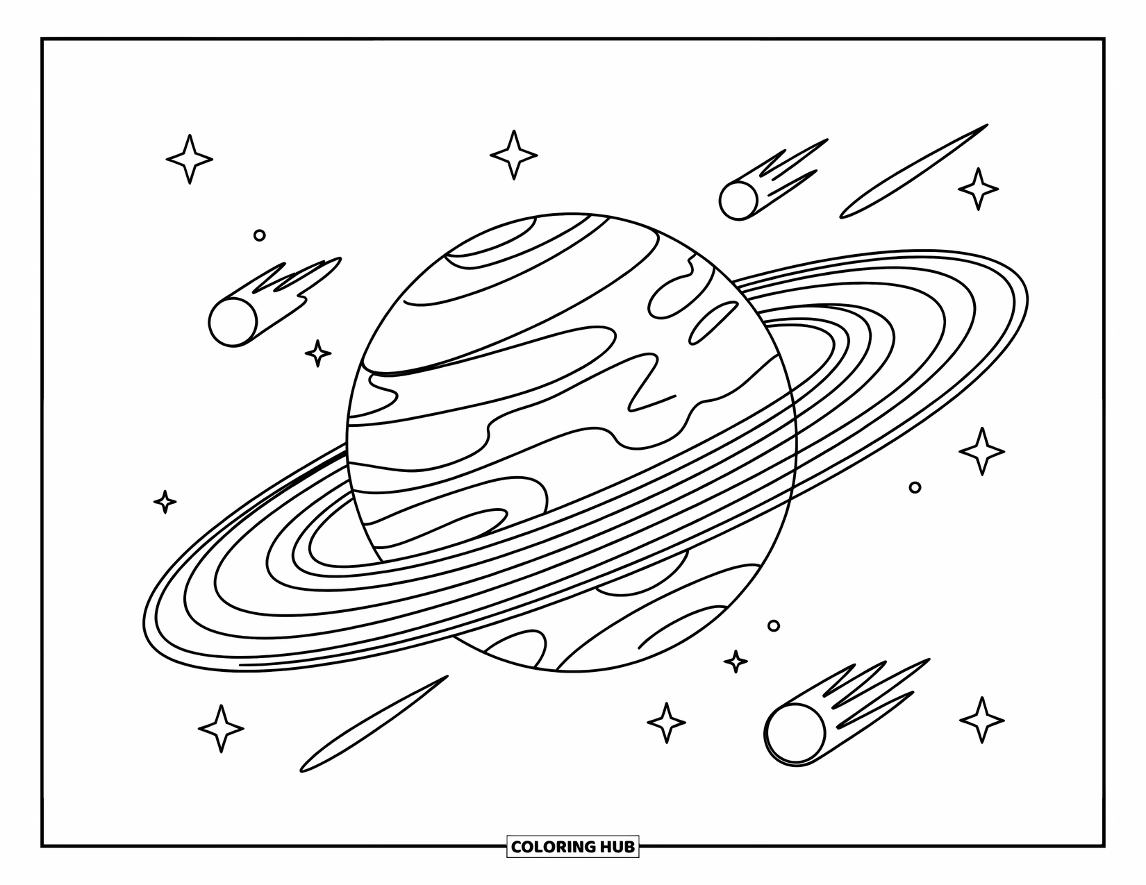 Coloriage de planète pour enfants : Saturne avec des anneaux superposés est entourée de lunes étiquetées, d’étoiles et de charmants détails cosmiques
