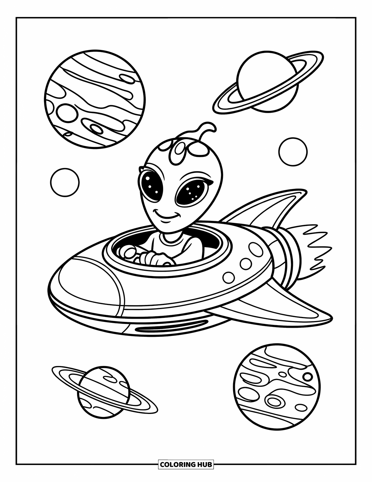 Coloriage de planète pour enfants : Un extraterrestre souriant vole près de planètes géantes, naviguant sur un vaisseau amusant à travers un champ d’étoiles
