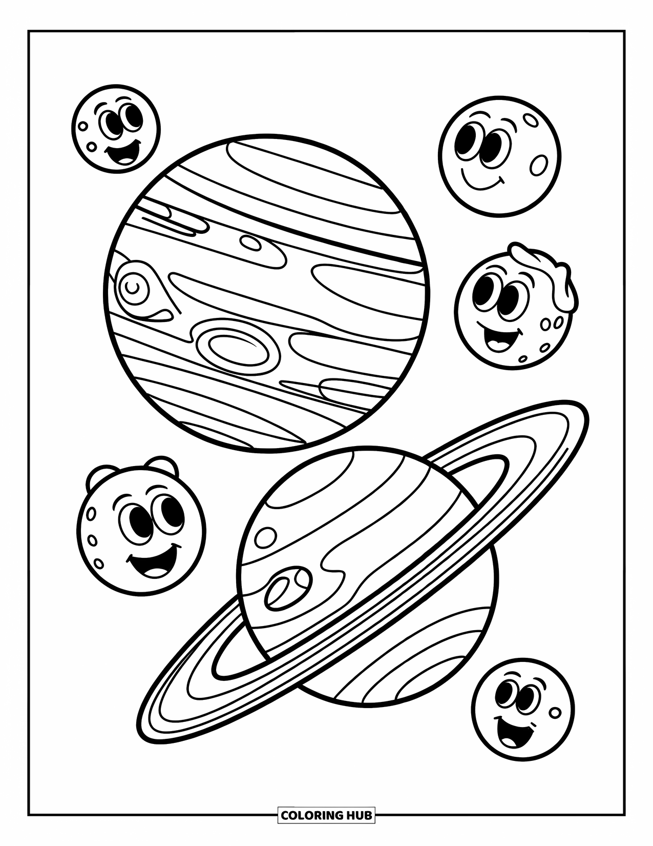 Coloriage de planète pour enfants : Des lunes souriantes orbitent autour de Jupiter et de Saturne, entourées d’étoiles et de motifs audacieux de style dessin animé