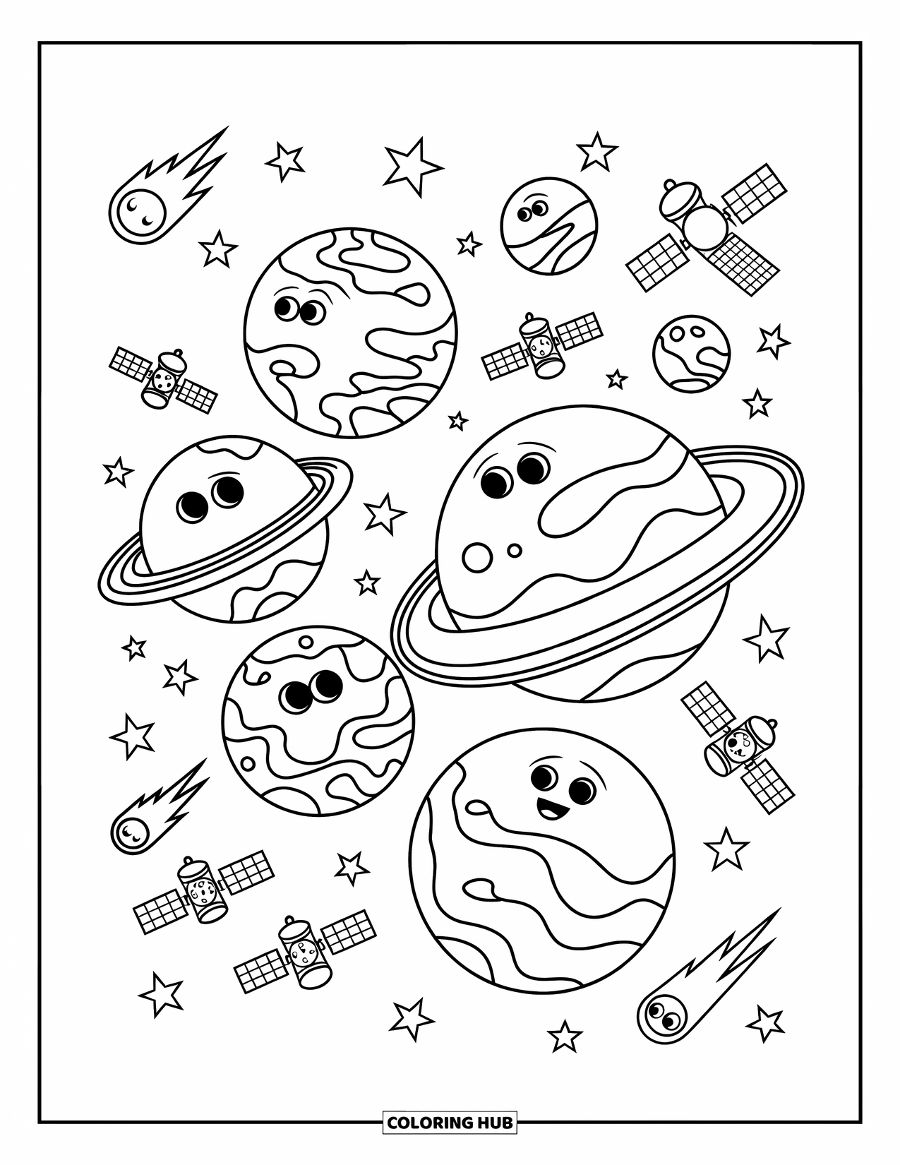 Coloriage de planète pour enfants : Des planètes souriantes et des satellites comiques tourbillonnent le long d’orbites pointillées avec des étoiles en arrière-plan