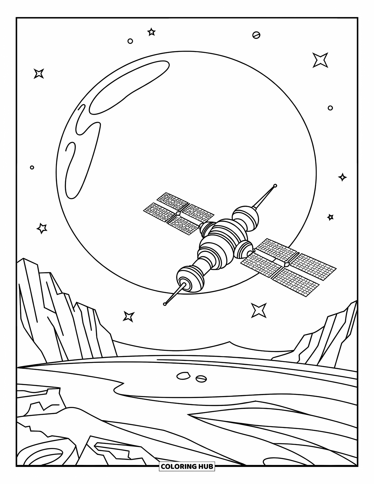 Coloriage de planète pour enfants : Des panneaux solaires et des antennes s’étendent d’une station spatiale sur des falaises rocheuses et des plaines sous les étoiles