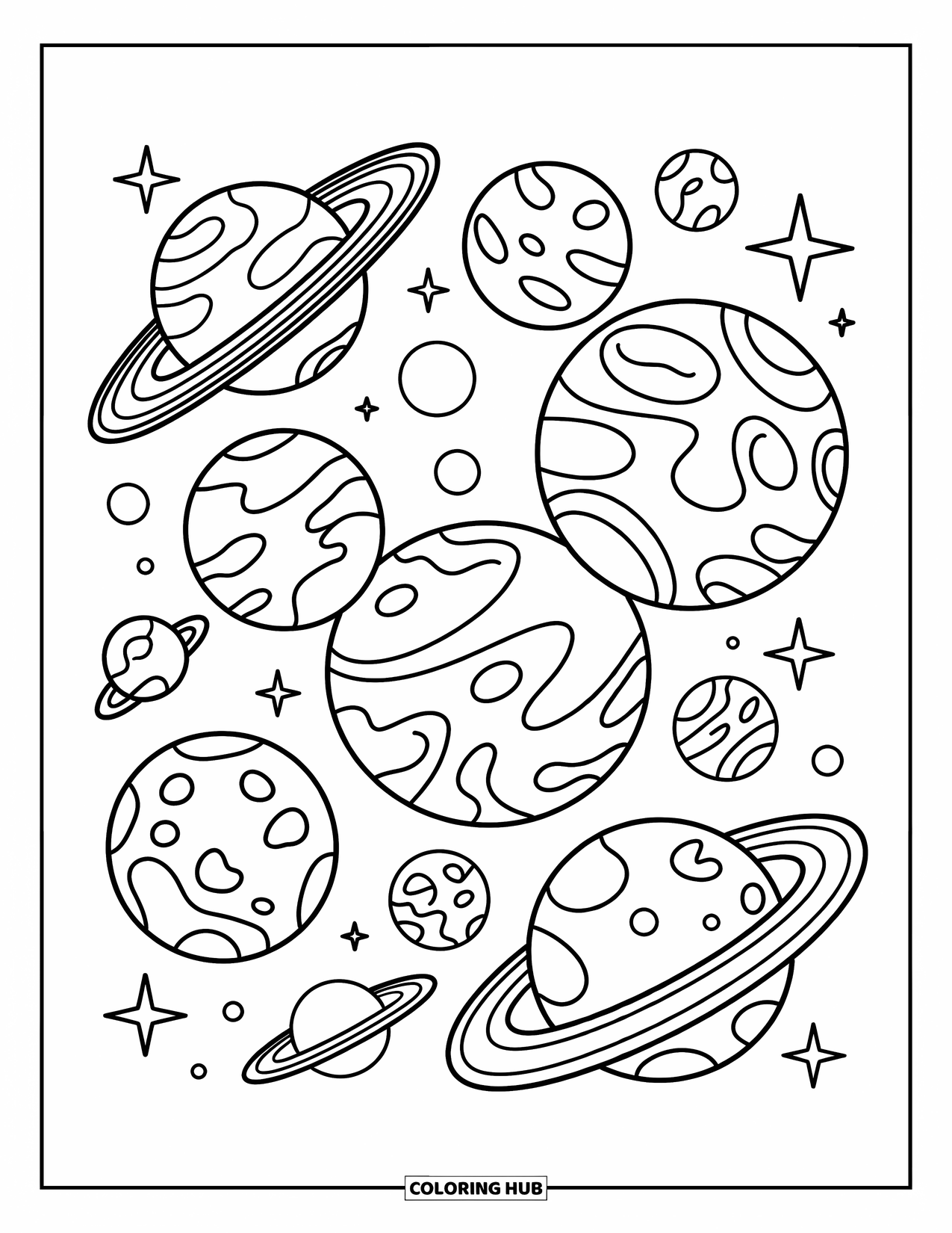 Coloriage de planète pour enfants : Des planètes stylisées avec des anneaux et des satellites flottent dans l’espace avec des étoiles et des détails tourbillonnants