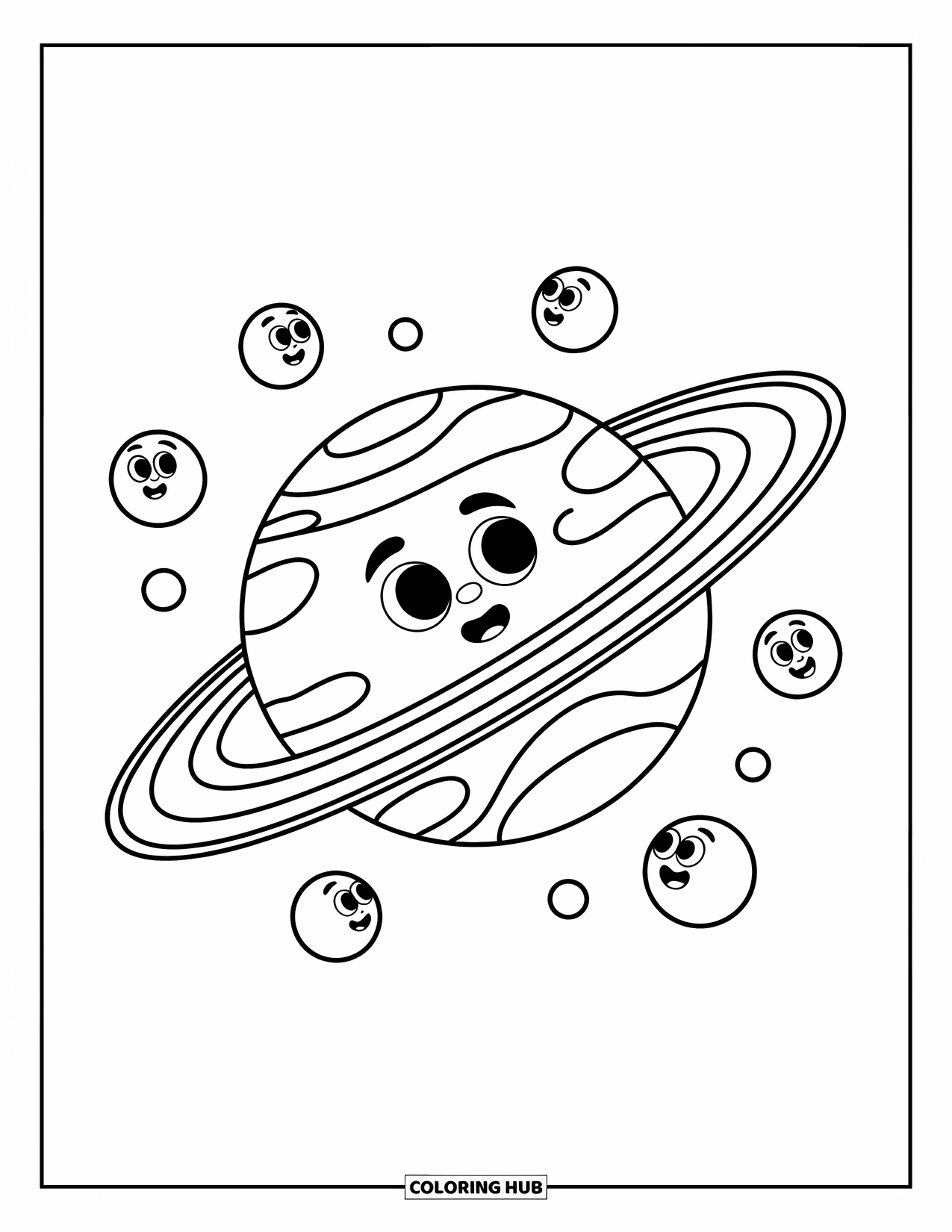 Coloriage de planète pour enfants : Uranus brille avec un doux sourire tandis que des lunes orbitent à proximité dans des trajectoires ludiques