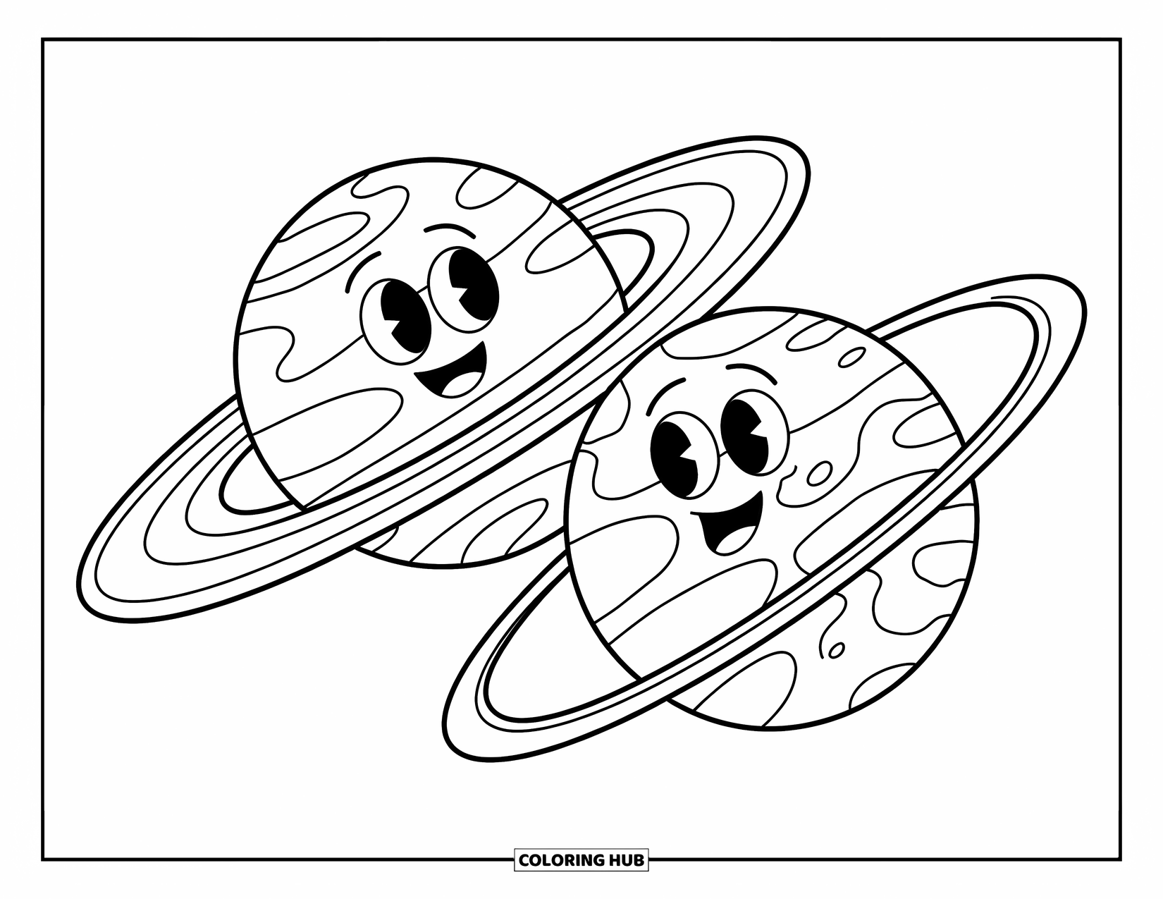 Coloriage de planète pour enfants : Uranus tourne avec des anneaux inclinés, de minuscules lunes tournant comme des amis curieux