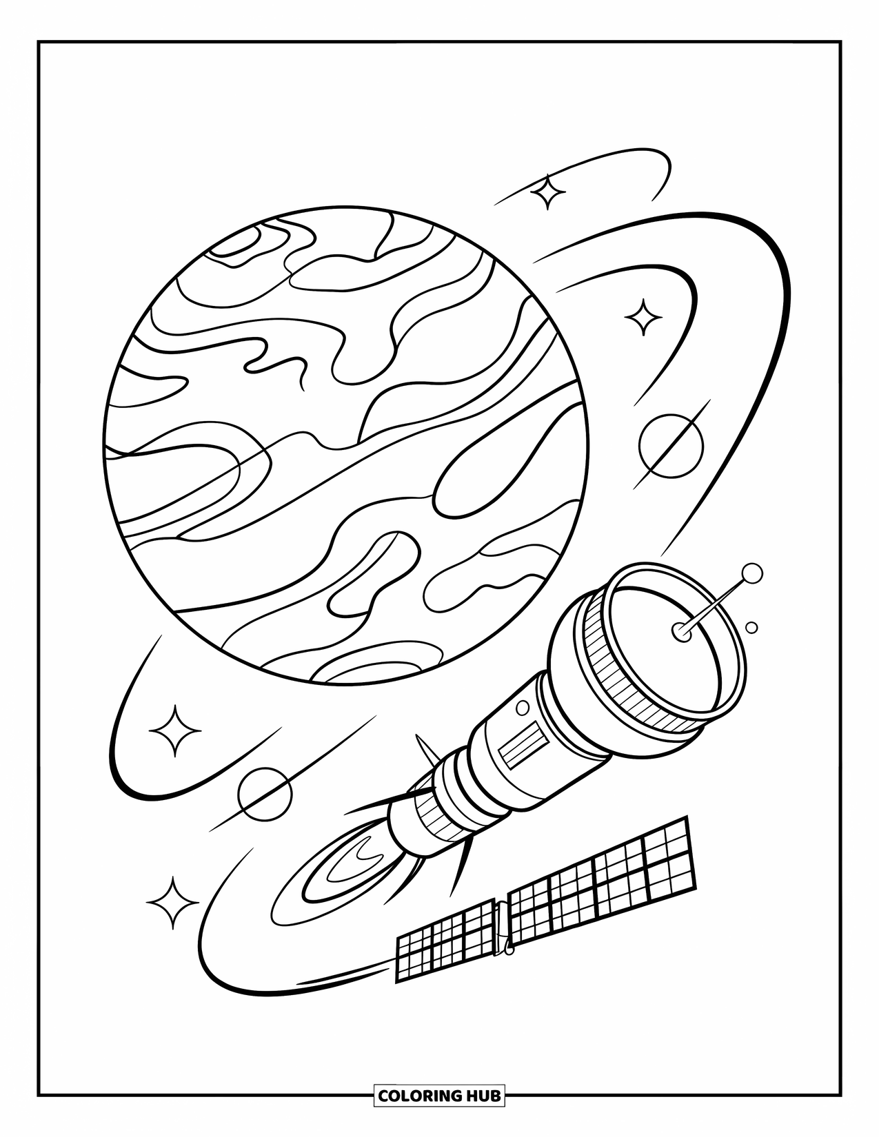 Coloriage de planète pour enfants : Vénus tourne avec des tourbillons atmosphériques tandis qu’une sonde à proximité présente des panneaux solaires détaillés