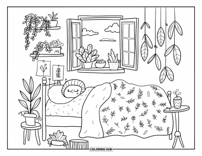 Plant Coloring Page for Adults: A comfy bedroom has floating shelves, leafy decor, and wind chimes by the window
