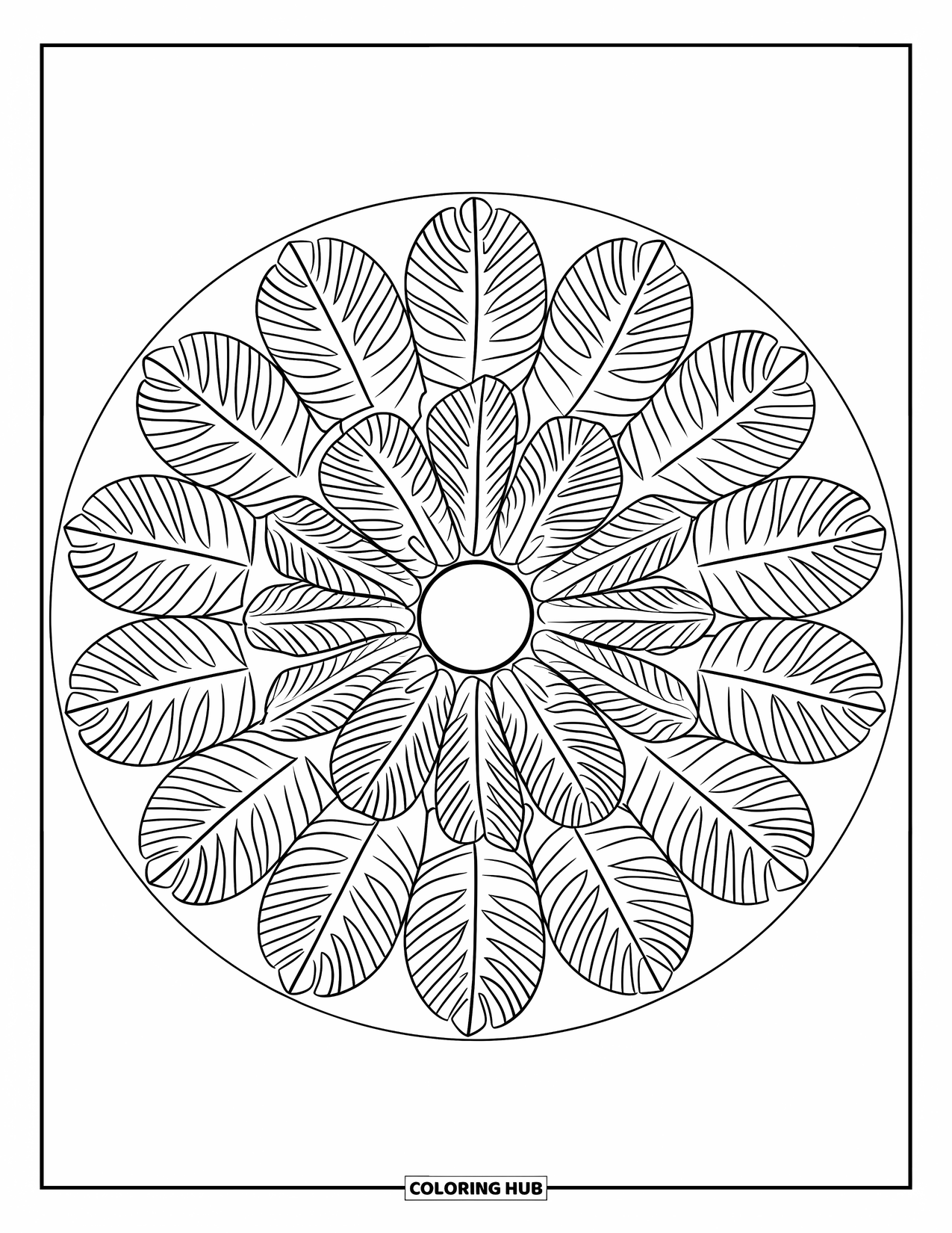 Dibujo de plantas para colorear para adultos: Un mandala completo de hojas de monstera se extiende hacia afuera en capas tranquilas