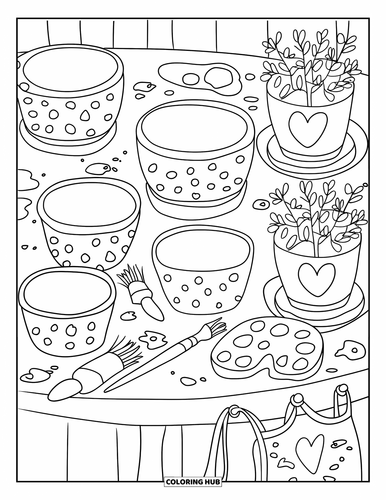 Dibujo de plantas para colorear para adultos: Una mesa de pintura sostiene macetas en blanco, pegatinas y macetas de plantas felices terminadas