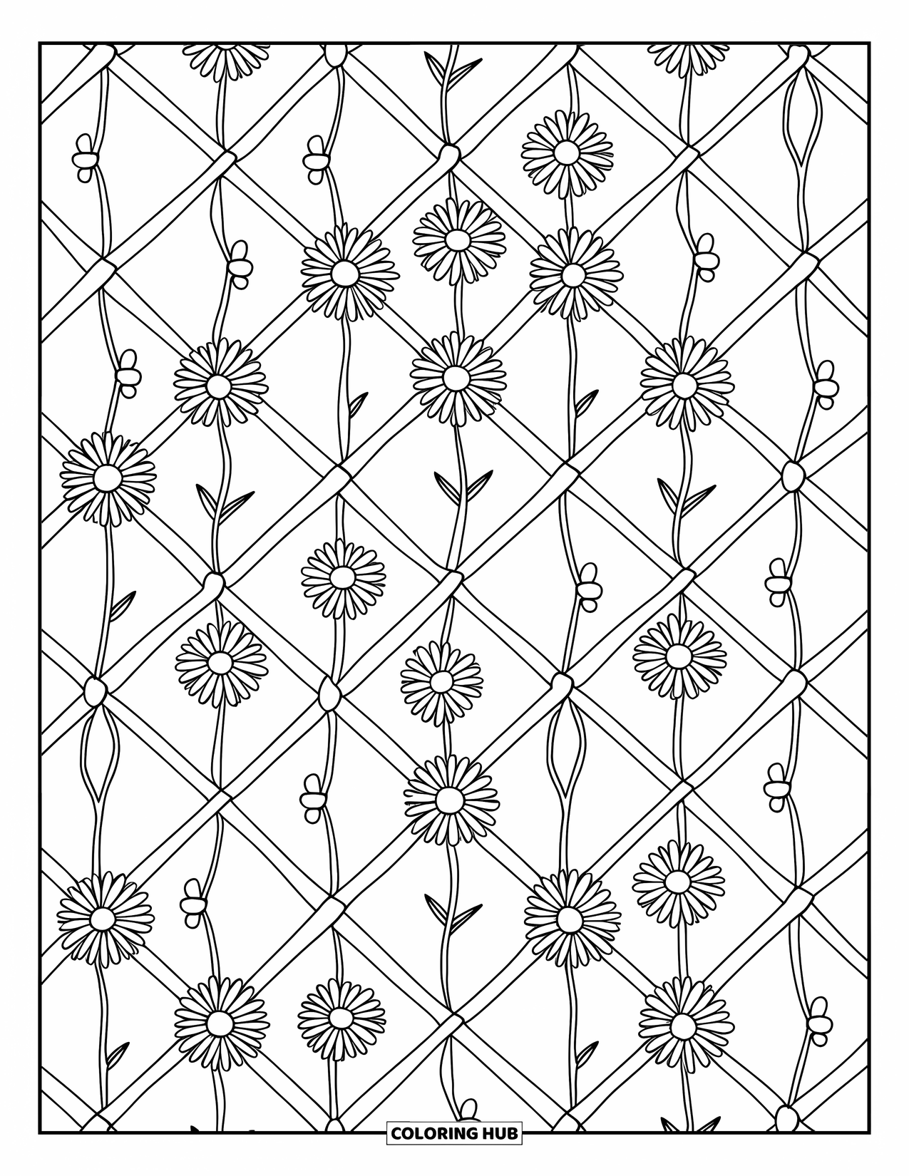 Dibujo de plantas para colorear para adultos: Una celosía estampada sostiene flores y tallos en un diseño elegante y relajante