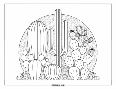 Plant Coloring Page for Adults: A peaceful mix of cacti stands tall on a dotted pebble background