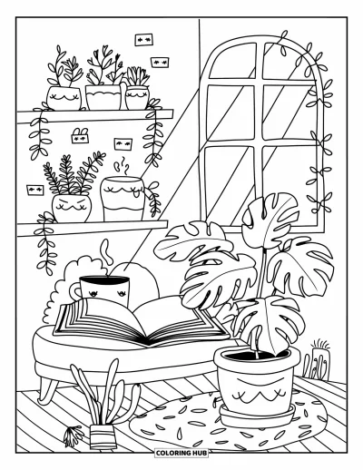 Plant Coloring Page for Adults: A plant-filled reading nook has a steaming cup and labeled plants on shelves