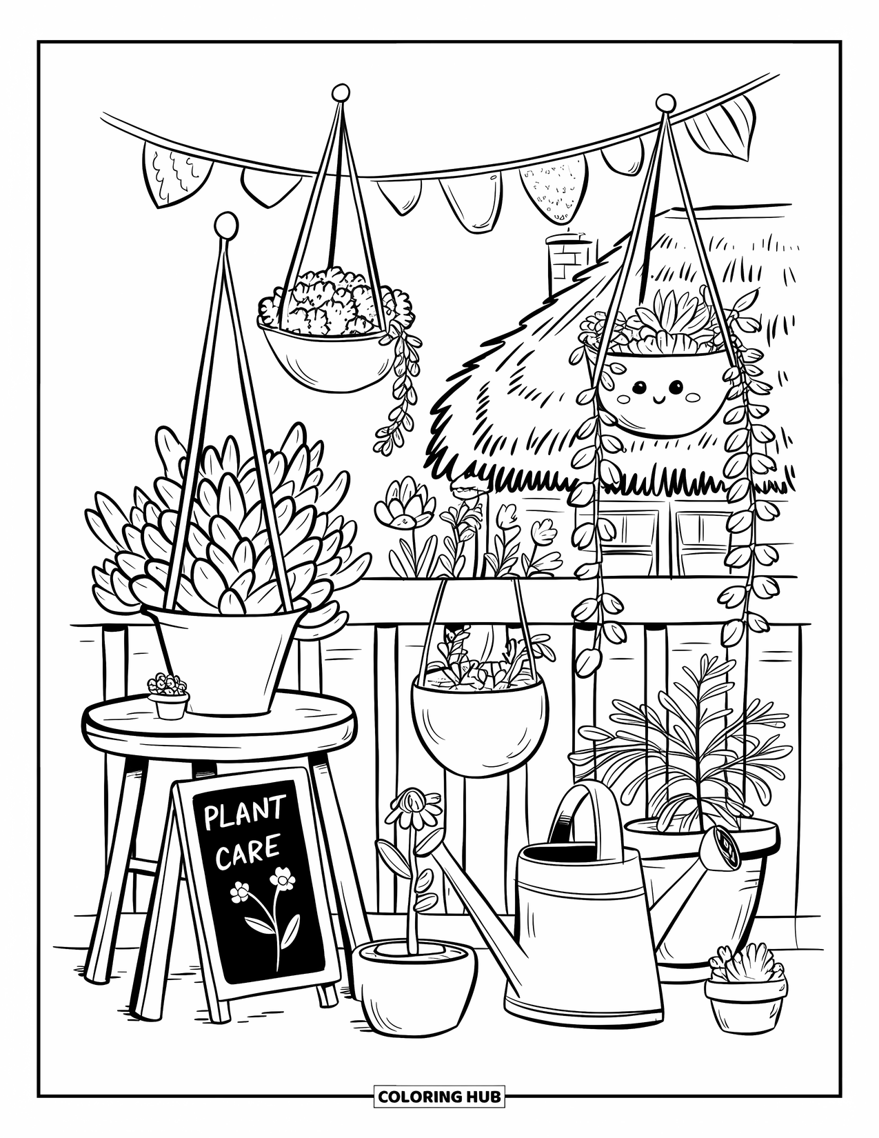 Dibujo de plantas para colorear para adultos: Un balcón pequeño está lleno de plantas lindas, letreros de jardín y decoraciones