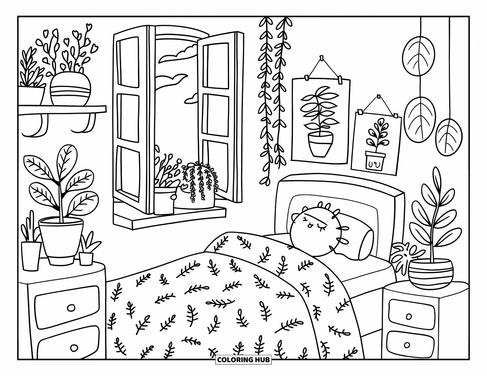Dibujo de plantas para colorear para adultos: Una brisa suave fluye a través de un dormitorio lindo lleno de plantas y detalles acogedores