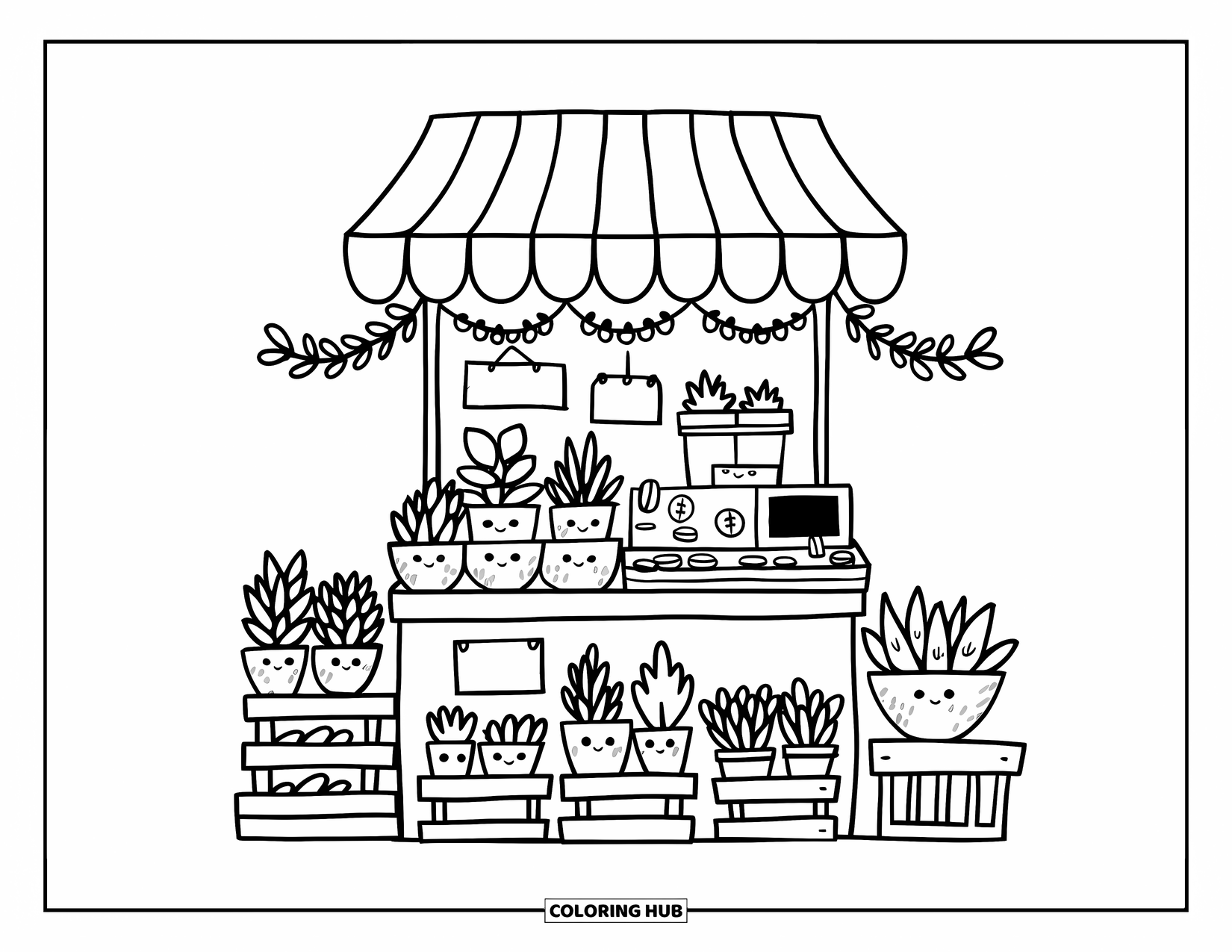 Dibujo de plantas para colorear para adultos: Un toldo a rayas da sombra a un puesto diminuto con exhibiciones de plantas adorables