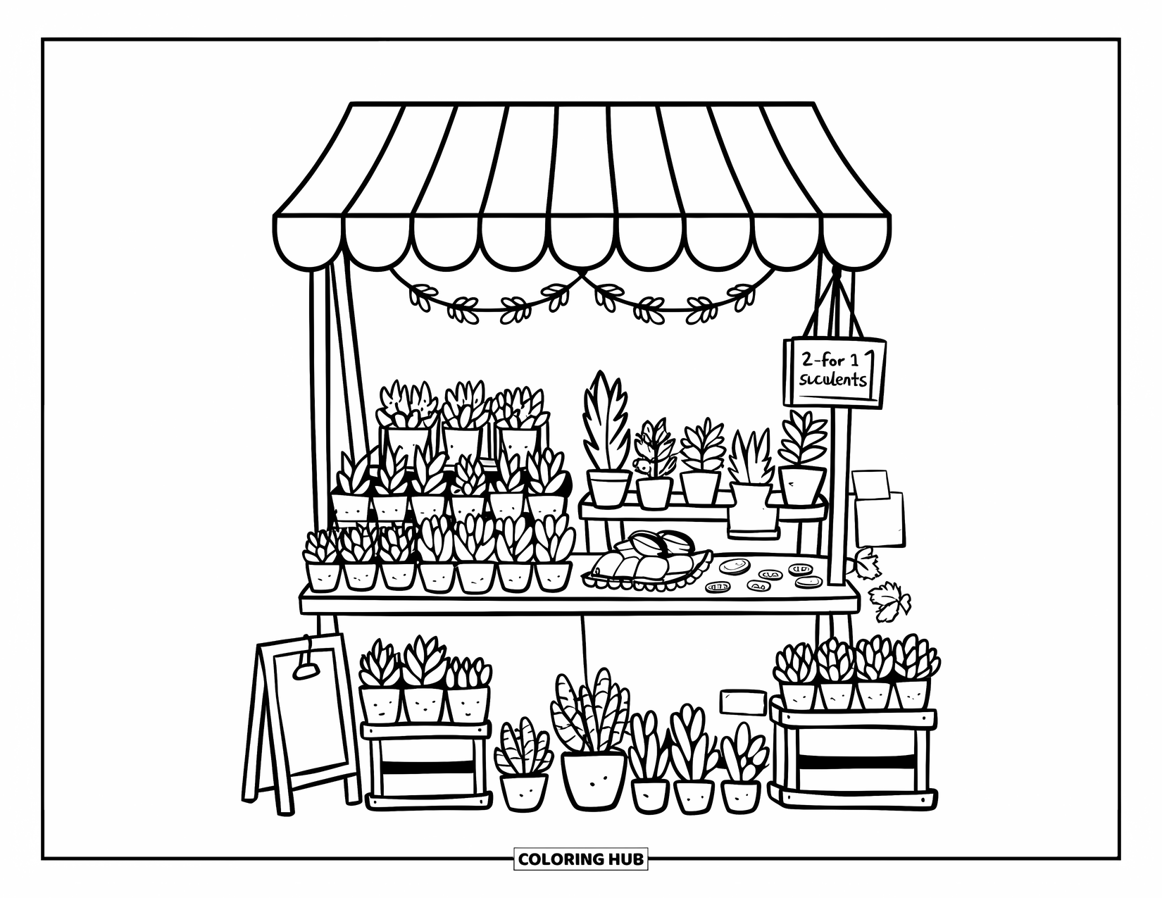 Dibujo de plantas para colorear para adultos: Un puesto de mercado diminuto muestra plantas en macetas lindas y letreros de pizarra