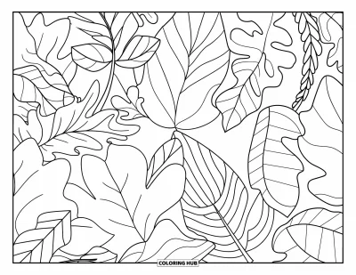 Plant Coloring Page for Adults: Bold outlines of tree leaves overlap and repeat across a blank background