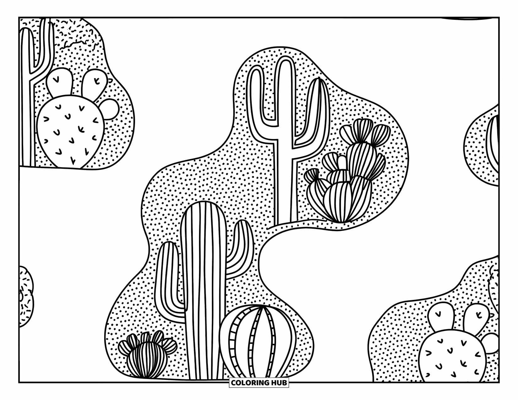 Dibujo de plantas para colorear para adultos: Cactus de todas las formas se asientan entre guijarros punteados en una relajante escena desértica