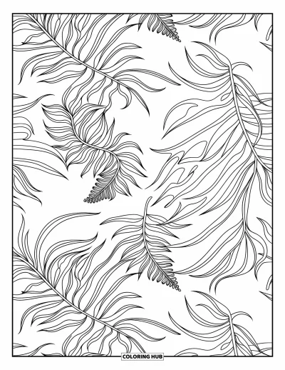 Plant Coloring Page for Adults: Curled fern fronds flow in every direction in a bold repeating pattern