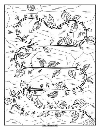 Plant Coloring Page for Adults: Curled vines twist around stones and flowers in a natural pattern