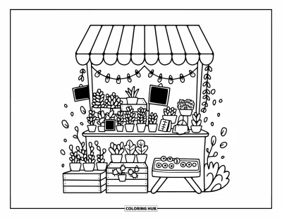 Plant Coloring Page for Adults: Cute plants fill a market stall with signs and hanging garlands
