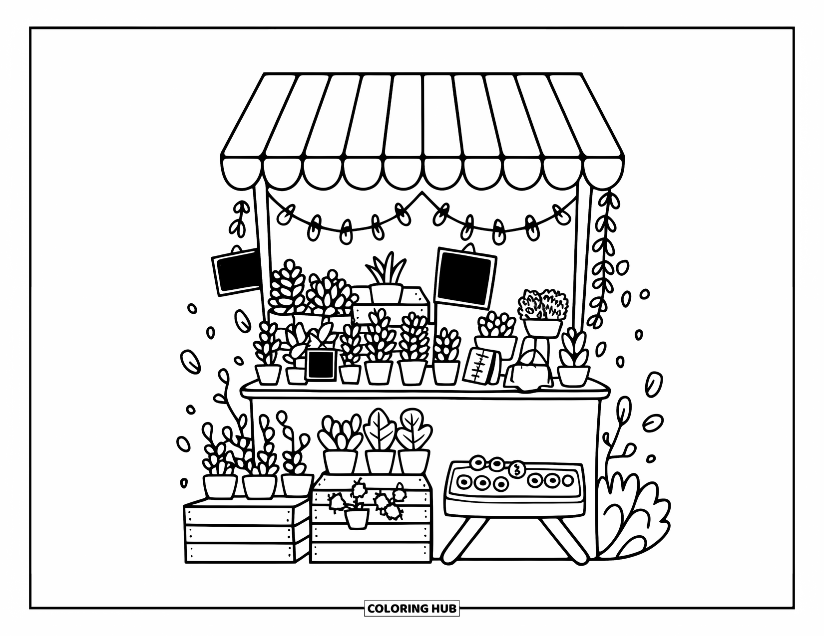 Dibujo de plantas para colorear para adultos: Plantas lindas llenan un puesto de mercado con letreros y guirnaldas colgantes
