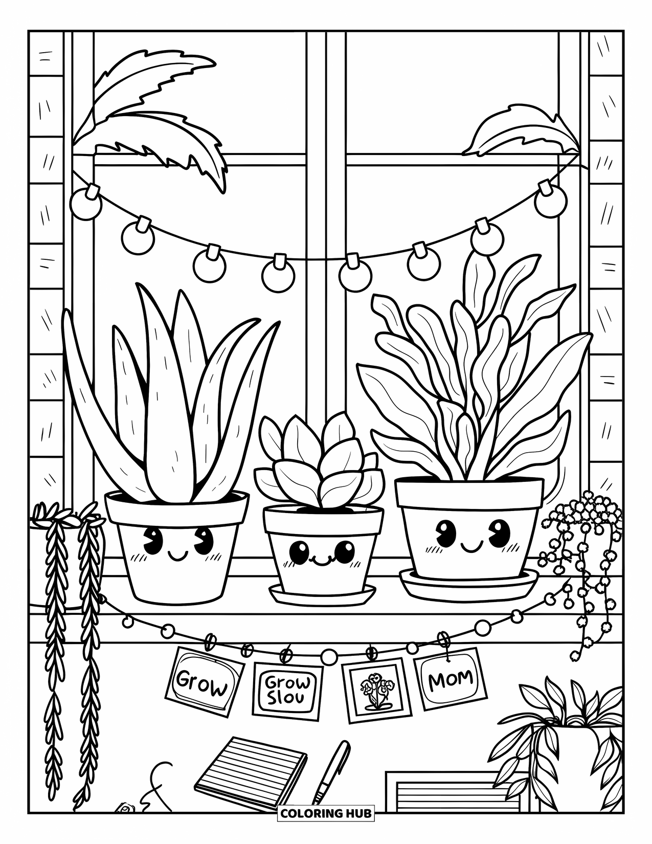 Dibujo de plantas para colorear para adultos: Plantas lindas con sonrisas descansan en una repisa con luces de hadas y un cuaderno