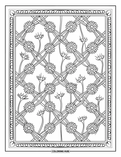 Plant Coloring Page for Adults: Daisy-like flowers bloom along a crisscross lattice with buds at each corner