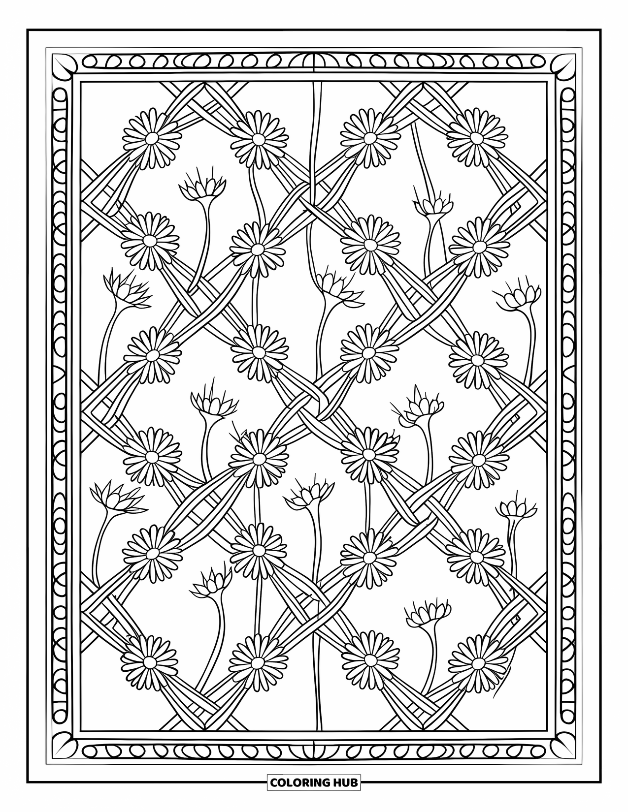 Dibujo de plantas para colorear para adultos: Flores parecidas a margaritas florecen a lo largo de una celosía entrecruzada con brotes en cada esquina
