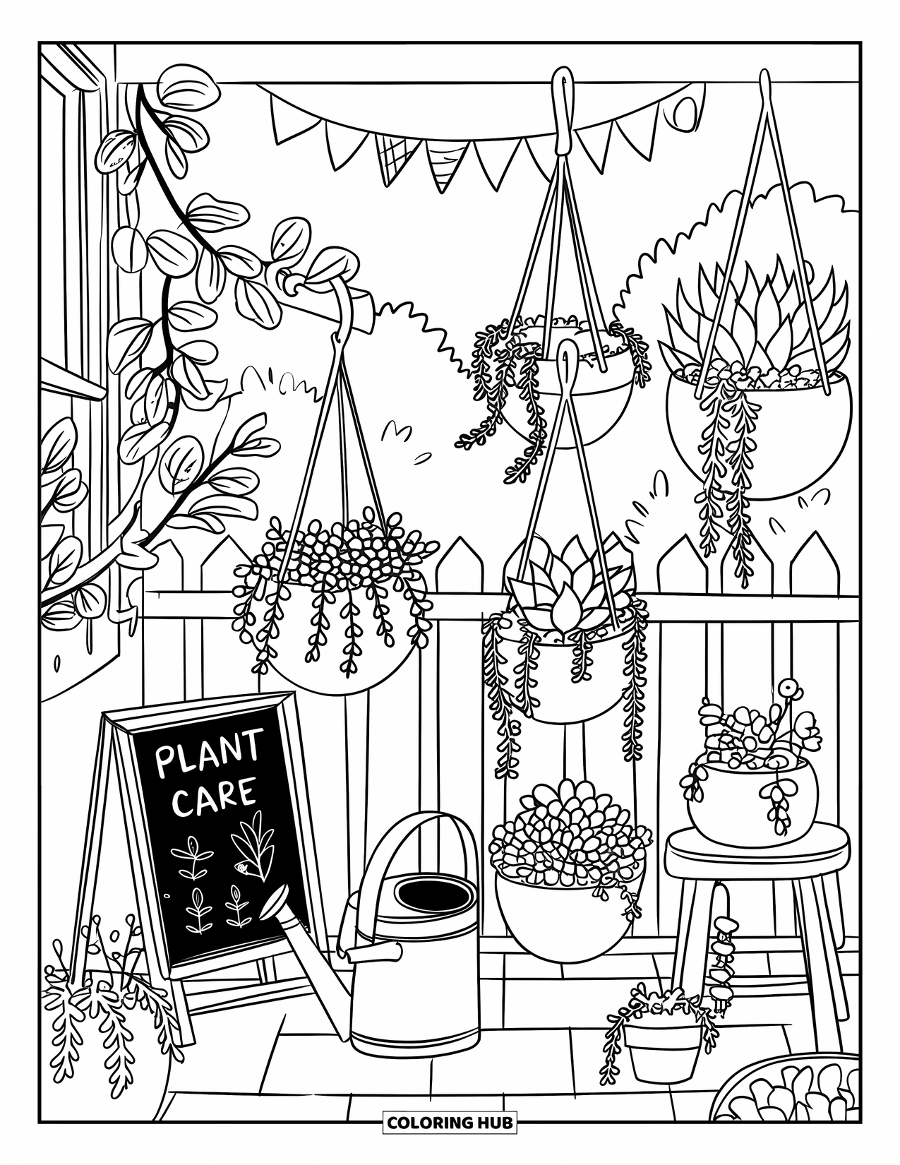 Dibujo de plantas para colorear para adultos: Plantas colgantes y banderas iluminan un balcón acogedor con un taburete y una regadera
