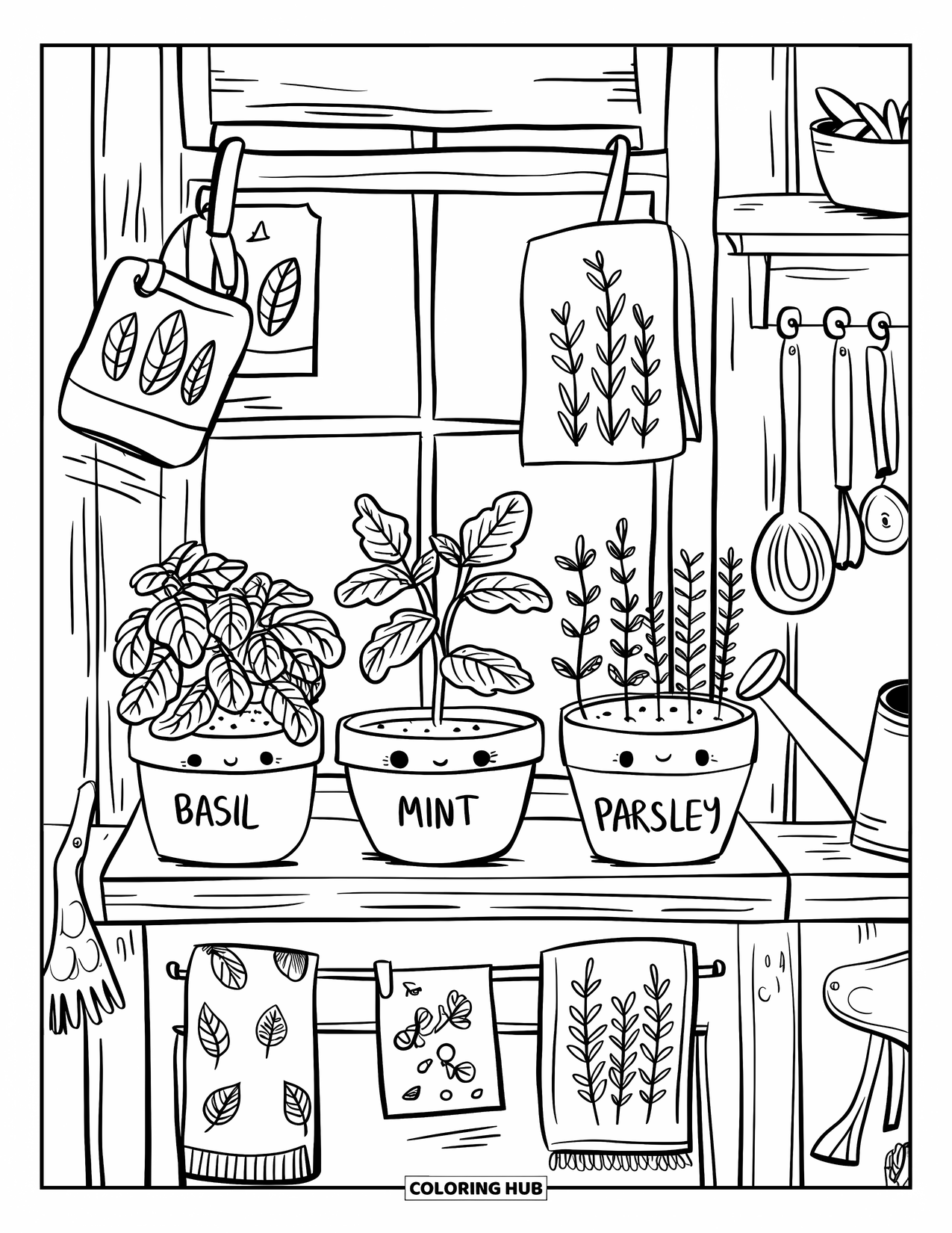 Dibujo de plantas para colorear para adultos: Hierbas felices crecen en macetas etiquetadas cerca de tarjetas de recetas y paños de cocina