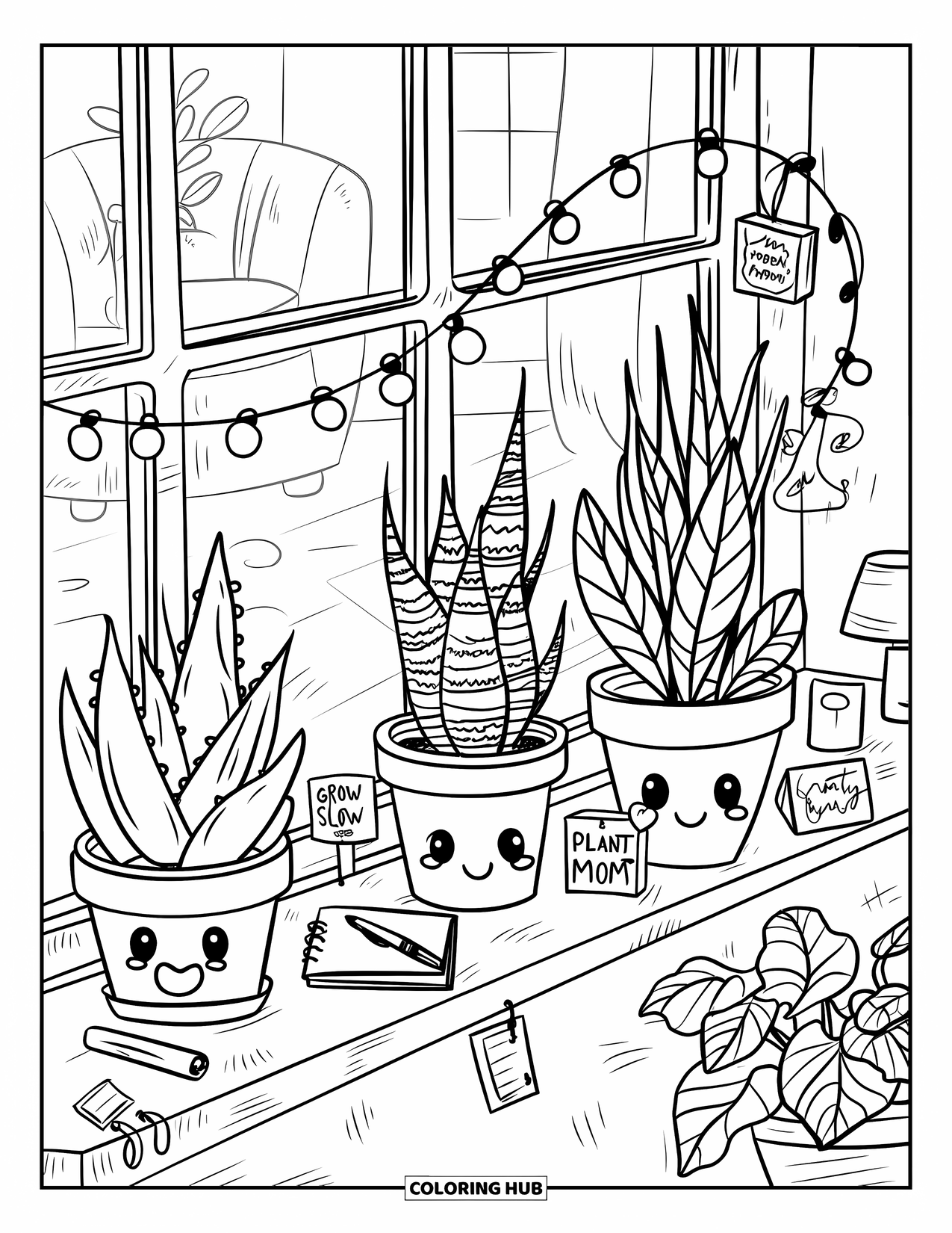 Dibujo de plantas para colorear para adultos: Plantas pequeñas felices se sientan en una repisa brillante con letreros y luces de hadas