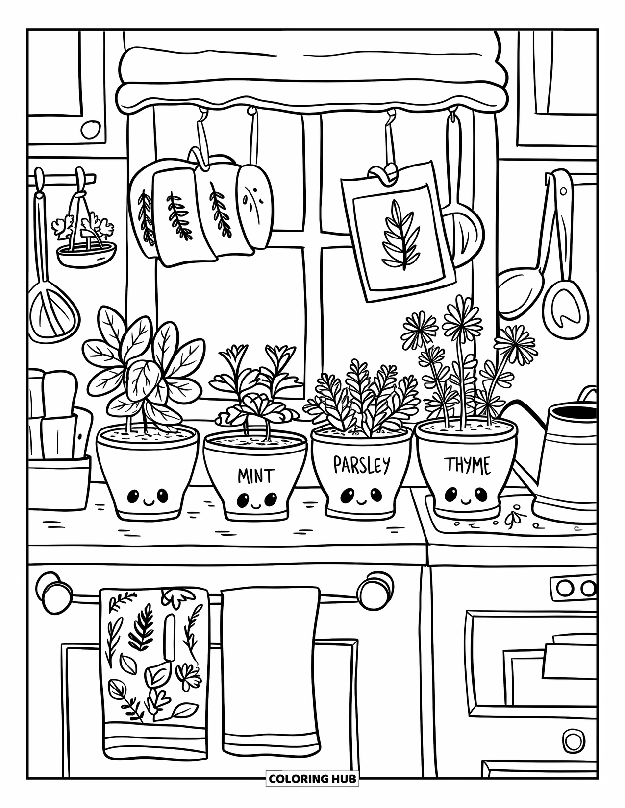 Dibujo de plantas para colorear para adultos: Macetas de hierbas etiquetadas sonríen en el alféizar de una ventana de la cocina con una decoración linda