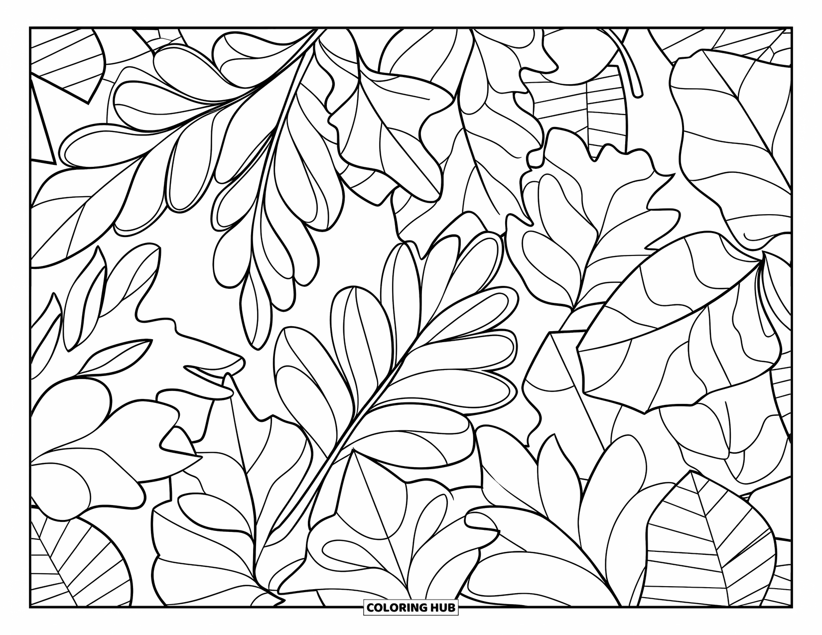 Dibujo de plantas para colorear para adultos: Hojas de diferentes árboles se superponen y giran a través de una página blanca y limpia