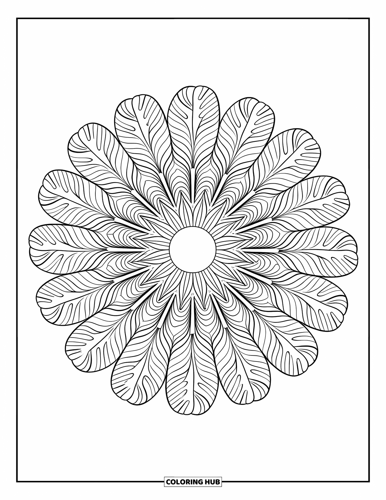 Dibujo de plantas para colorear para adultos: Hojas de monstera se abren en abanico en un mandala radial desde un punto central