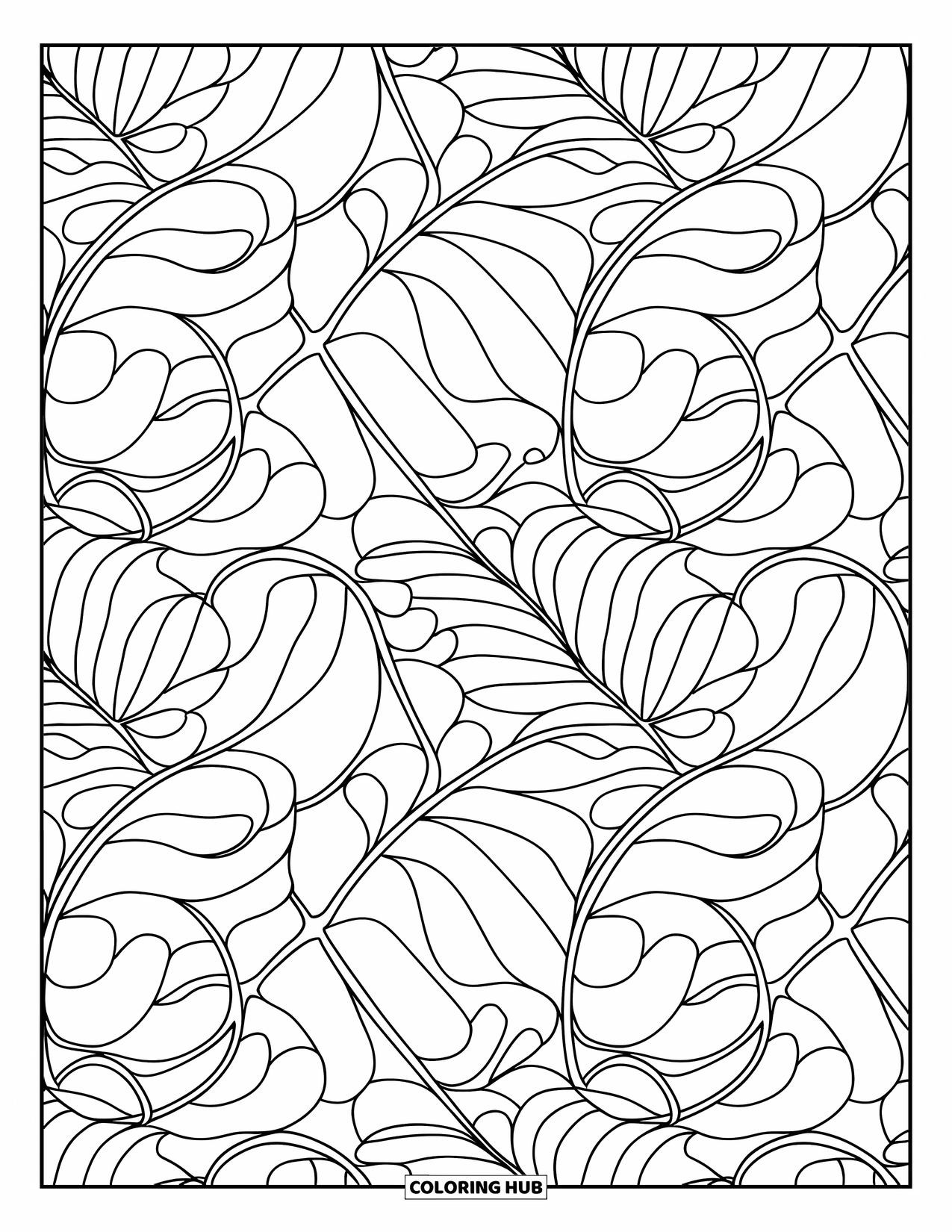 Dibujo de plantas para colorear para adultos: Frondas de helecho superpuestas crean un fondo frondoso elegante y continuo