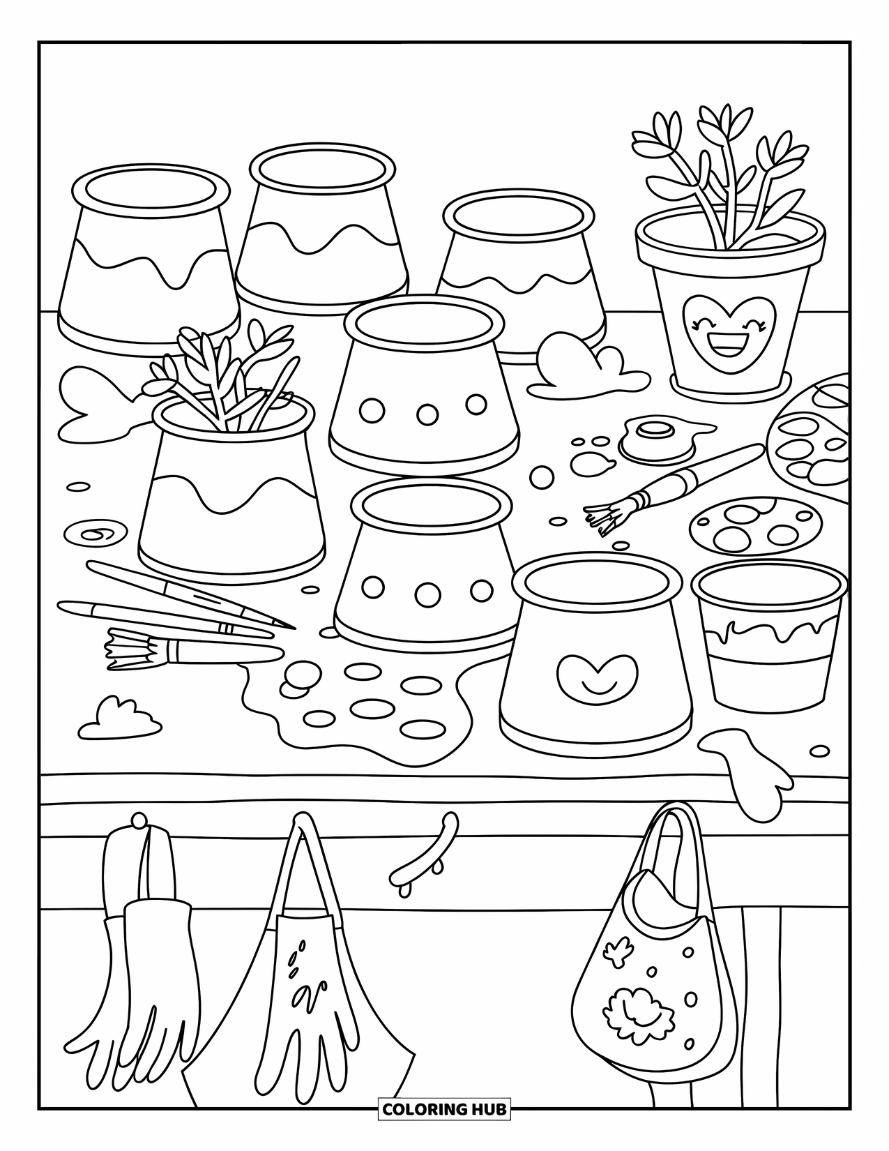 Dibujo de plantas para colorear para adultos: Guantes salpicados de pintura cuelgan cerca mientras las macetas se decoran con patrones divertidos