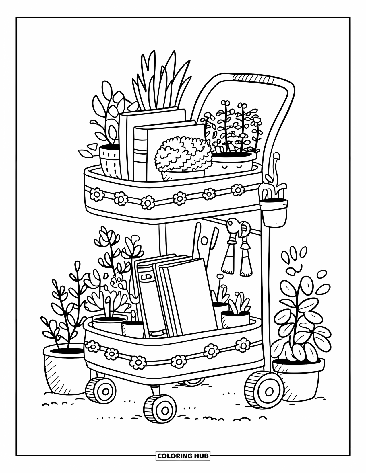 Dibujo de plantas para colorear para adultos: Libros y herramientas de plantas llenan un carrito decorado en una habitación acogedora